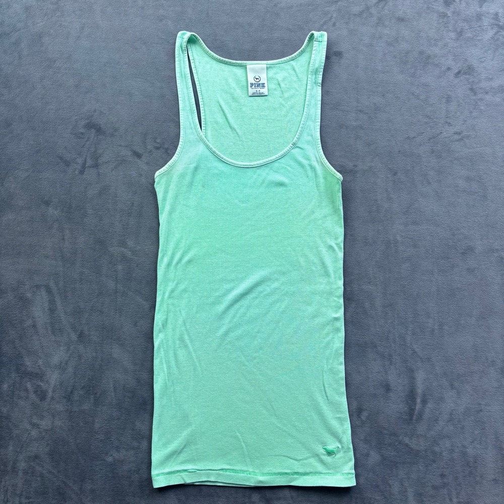 Victoria's Secret PINK Mint Green Ribbed Racerback Tank Top Small S Logo